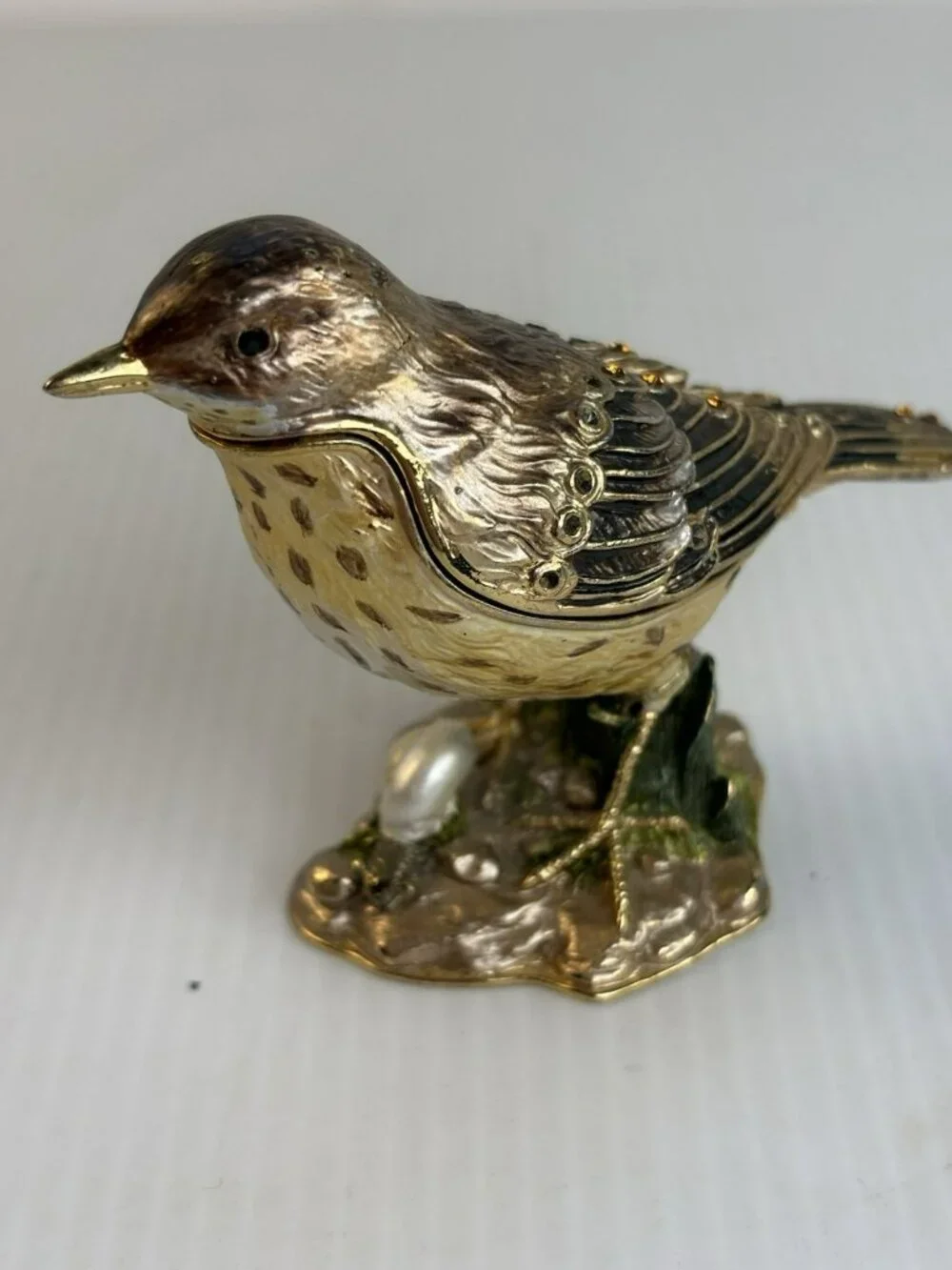 Vtg Brass Song Thrush Bird Trinket Box Jeweled Wings Snail Base Beswick